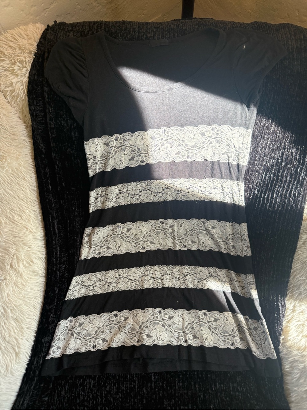 Black Tee with Cream Lace Stripes